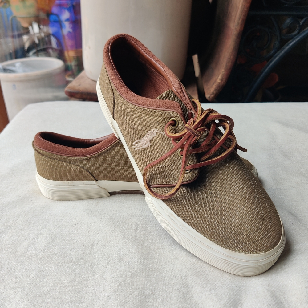 Polo Ralph Lauren Dock Boat Shoes Faxon Low Mens 7D Khaki Canvas Preppy EUC Pony